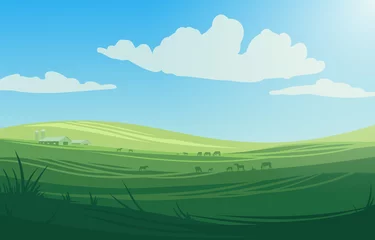 Poster Horizontal vector illustration of fields and meadows in bright sunny day with barn and herd of horses grazing in the background. Rural landscape with farm and pastures. © Meriennah