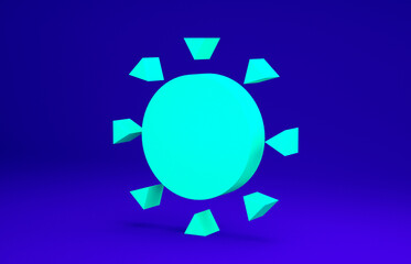 Green Sun icon isolated on blue background. Summer symbol. Good sunny day. Minimalism concept. 3d illustration 3D render.