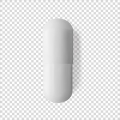 White capsule pill realistic vector illustration. Сloseup isolated medicament. Healthcare and medicine. Painkiller or antibiotic mockup