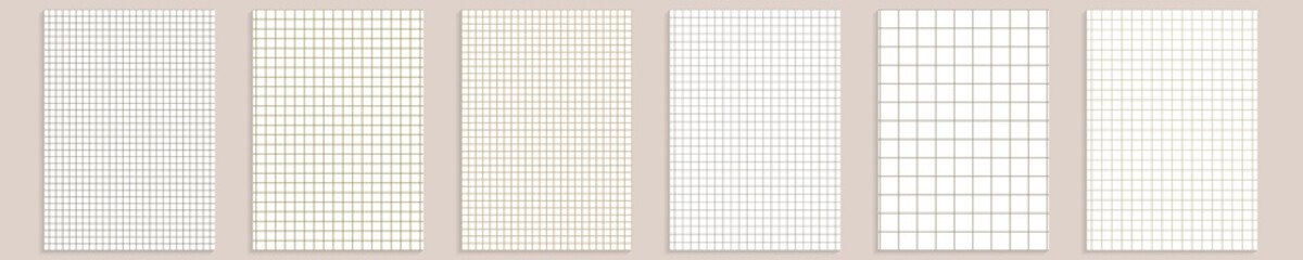 Grid paper set. Abstract squared background with color graph. Geometric pattern for school, wallpaper, textures, notebook. Lined blank A4 isolated on transparent background. Millimeter graph grid