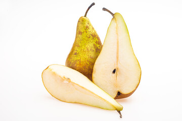 Fresh pears, whole, half and quarter yellow fruit isolated on white background