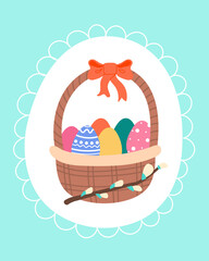 Vector Easter Basket with Colorful Decorated Eggs and Celebrate  Willow.Hand Drawn Spring Greeting Card in Doodle Flat style.Elements of Religious Seasonal Holiday.Isolated on White Background.