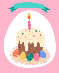 Vector Illustration of a Celebration Easter Cake with Colorful Eggs on a Plate and a Candle.Religious Sweet Pastries with Icing in Flat Hand Drawn style.Christian Cute Greeting Card with Ribbon.