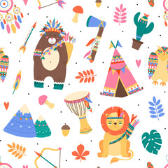 Vector Seamless Pattern with Tribal Animals and Ethnic Elements.Ornament with Wild Aztec Characters and Indian Clip Arts in Flat style.Pattern with Drum,Dreamcatcher,Bow,Teepee,Axe. © Яна Зиновкина