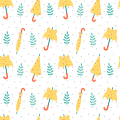 Vector Seamless Pattern with Open and Closed Umbrellas and Leaves.Kid's Yellow Umbrellas with Polka Dot and Ears. Baby Hand Drawn Illustration for Print, Wrapping  Paper, Wallpaper, Fabric, Design.