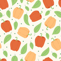 Vector Seamless Pattern with Flat Pepper Paprika and Leaves.Hand Drawn Vegetable Colorful Ornament with Healthy Food.Illustration for Print, Wallpaper,Wrapping Paper, Textile, Fabric, Design.