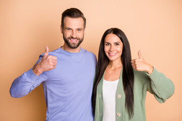 Photo of young happy cheerful smiling couple wife and husband showing thumb-up isolated on beige color background