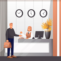 Man at hotel reception receiving key scene. Receptionist working at counter with computer, guest with bag vector illustration. Hallway area interior design with clocks, plant