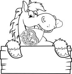 Outlined Horse Cartoon Character Over A Blank Wood Sign Grabbed Bouquet. Vector Illustration Isolated On Transparent Background