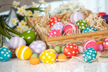 Fototapeta na wymiar Hand painted pastel colored Easter eggs background. Happy Easter greeting card or invitation.
