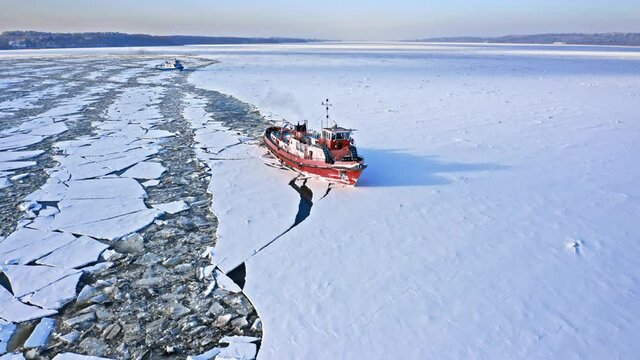 Icebreakers on Vistula river, Plock, aerial view