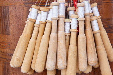 Traditional textile bobbin loom artisan craftmanship made in Galicia. Spain