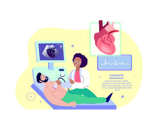 Ultrasound Cardiologist Doctor Consultate Patient Man, Examining Heart, Ultrasound Investigation.Medical Hospital Diagnostic Fluorography.Heart Desease,Arterial Pressure Cardiogram.Vector Illustration