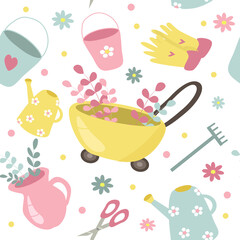 vector seamless pattern on the theme of gardening, plant care and spring with hand drawn watering cans, gloves, flowers and plants. pattern for printing on fabric, paper