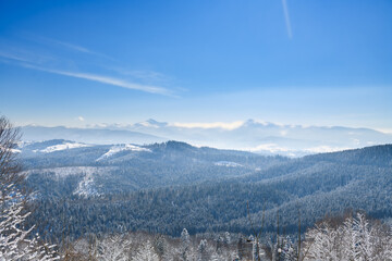 Fototapeta na wymiar Winter cold mountain landscape with blue sky