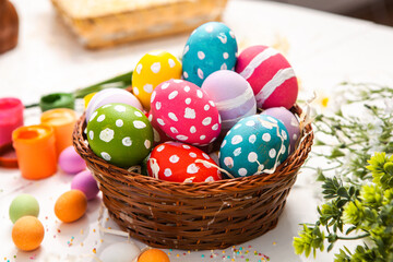 Hand painted pastel colored Easter eggs background. Happy Easter greeting card or invitation.