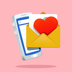 love letter icon. heart love sigen inside opened envelope in front of smartphone vector icon illustration