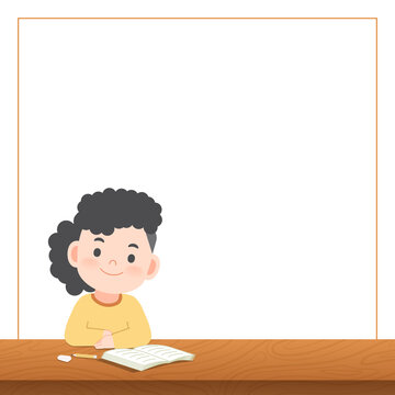 blank banner text box freame and a asian girl study at the desk , illustration vector. Education Concept.