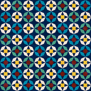 Abstract geometric mosaic pattern, marbled tiles in Moroccan style, textured seamless vector illustration