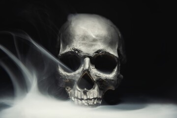 Spooky dark black skull aginast dark background