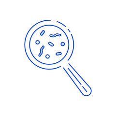 linear blue magnifying glass and bacteria icon