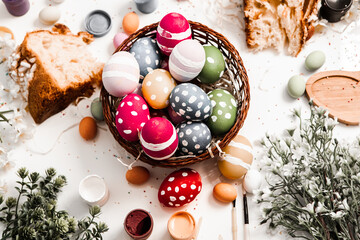 Hand painted pastel colored Easter eggs background. Happy Easter greeting card or invitation.