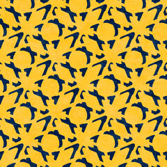 Modern abstract seamless pattern in bold yellow and ink blue, vector illustration with texture