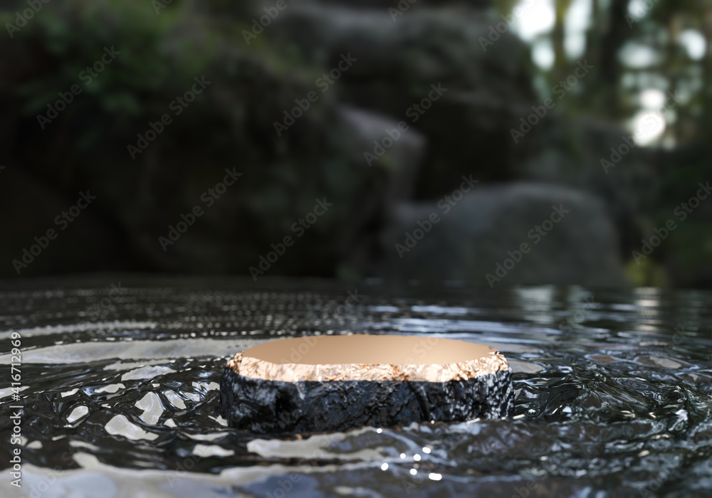 Wall mural Minimal cool-tone background for product and cosmetic presentation. The white stone podium on the water in front of Sunshade shadow with a cold winter mood. realistic, render 3d illustration.