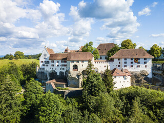 Aerial drone image of Lenzburg castle, built in the 11 century, in Canton Aargau, Switzerland