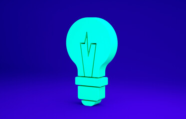 Green Light bulb with concept of idea icon isolated on blue background. Energy and idea symbol. Inspiration concept. Minimalism concept. 3d illustration 3D render.