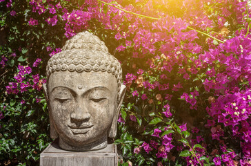 Buddhism bust statue in front of a stone wall that is covered in purple flowers and leaves on a sunny day. - Powered by Adobe