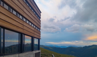 Fototapeta premium Modern Capanna Monte Bar in Southern Switzerland with view over Ticino