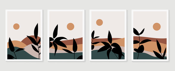 Mountain and Botanical wall art vector set. Earth tones landscapes wallpaper. Oasis Tropical backgrounds collection with mountain, sand, palm,Twigs leaf, moon or sun. Vector illustration.