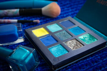 Blue eyeshadow palette and makeup up close