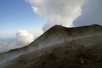 Mount Etna summit with active volcanic activity before eruption, Etna summit and crater trek hiking tour concept, Sicily, Italy