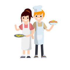 Family's cooking. Man in white hat holding plate of delicious. Woman in apron and pan with pancakes. Waiter and chef in cafe and restaurant. Element of kitchen.