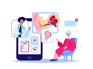Online Audiologist ENT-Doctor Consultate Old Retired Woman Patient.Inflammation Ear.Hearing Anatomy Structure.Otitis Pain,Digital Treatment.ORL Clinic.Internet Medical Hospital Diagnostic.Illustration