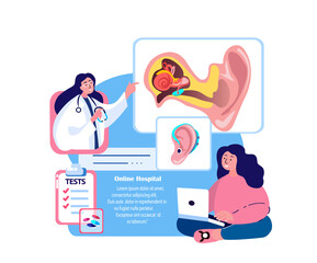 Online Audiologist ENT-Doctor Consultate Patient.Inflammation Ear.Hearing Anatomy Structure.Otitis Pain,Digital Eardrum Treatment.ORL Clinic. Internet Medical Hospital Diagnostics. Vector Illustration