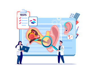 Audiologist Professors Scientists ENT-Doctors Examine Ear Anatomy Structure.Inflammation,Ear Pain.Otitis Digital Treatment.Research,Clinical Investigation. ORL Clinic. Medical Diagnostics Illustration