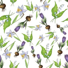 Seamless pattern. Spring flowers and plants. Illustration for the decor and design of posters, postcards, prints, stickers, invitations, textiles and stationery.