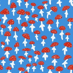 Seamless pattern. Amanita mushrooms on a blue background. Digital art. Illustration for the decor and design of posters, postcards, prints, stickers, invitations, textiles and stationery.