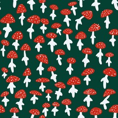 Seamless pattern. Amanita mushrooms. Digital illustration. Cute illustration for the decor and design of posters, postcards, prints, stickers, invitations, textiles and stationery.