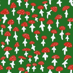 Seamless pattern. Amanita mushrooms. Digital illustration. Cute illustration for the decor and design of posters, postcards, prints, stickers, invitations, textiles and stationery.