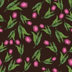 Seamless pattern. Pink tulips. Painting with watercolors and ink. Illustration for the decor and design of posters, postcards, prints, stickers, invitations, textiles.