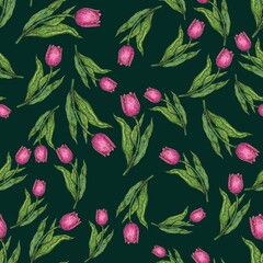 Seamless pattern. Pink tulips. Painting with watercolors and ink. Illustration for the decor and design of posters, postcards, prints, stickers, invitations, textiles.