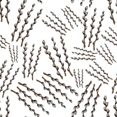 Willow branches. Easter. Seamless pattern. Cute illustration for the decor and design of posters, postcards, prints, stickers, invitations, textiles and stationery.