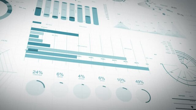 Business Statistics, Market Data And Infographics Layout/ 4k animation of a set of design business and market data analysis and reports, with infographics, bar stats, charts and diagrams