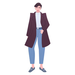 Tomboy-like lady wears trendy outfit. Woman in modern fashion outfit. Masculine girl in coat, jumper and banana pants. Menswear style for autumn or spring. Fashion sketch of stylish female outfit