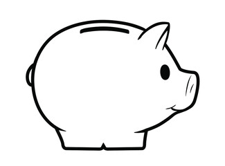 Penny bank in shape of friendly piggy. Black line contour on white background.