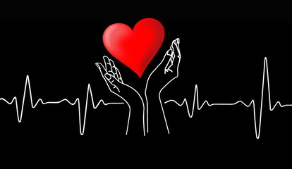 Drawing of a heart cardiogram and hands holding a red heart on a black background. © larisa